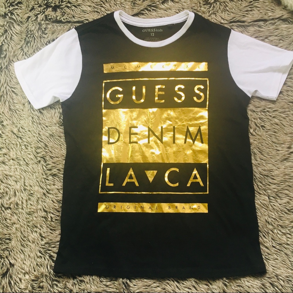 GUESS KIDS black white gold logo T-shirt size boy 12 NOWT